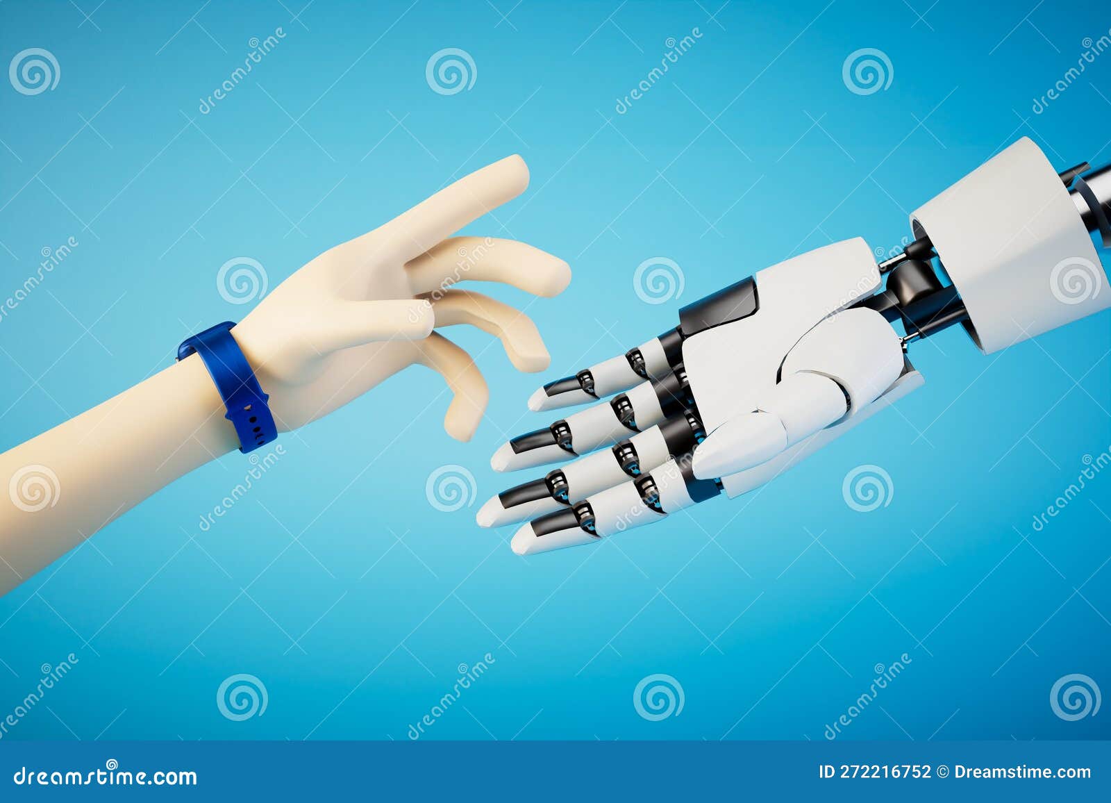 Robots Replace Humans. Human and Mechanical Hands Reaching for Each