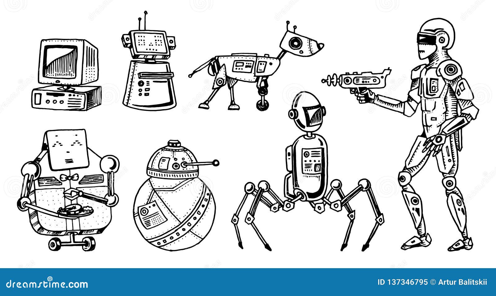 Robôs e evolução de tecnologia Desenvolvimento das fases dos androides Conceito da inteligência artificial Futuro tirado mão. Robôs e evolução de tecnologia Desenvolvimento das fases dos androides Conceito da inteligência artificial Tecnologia futura tirada mão Esboço monocromático gravado vintage