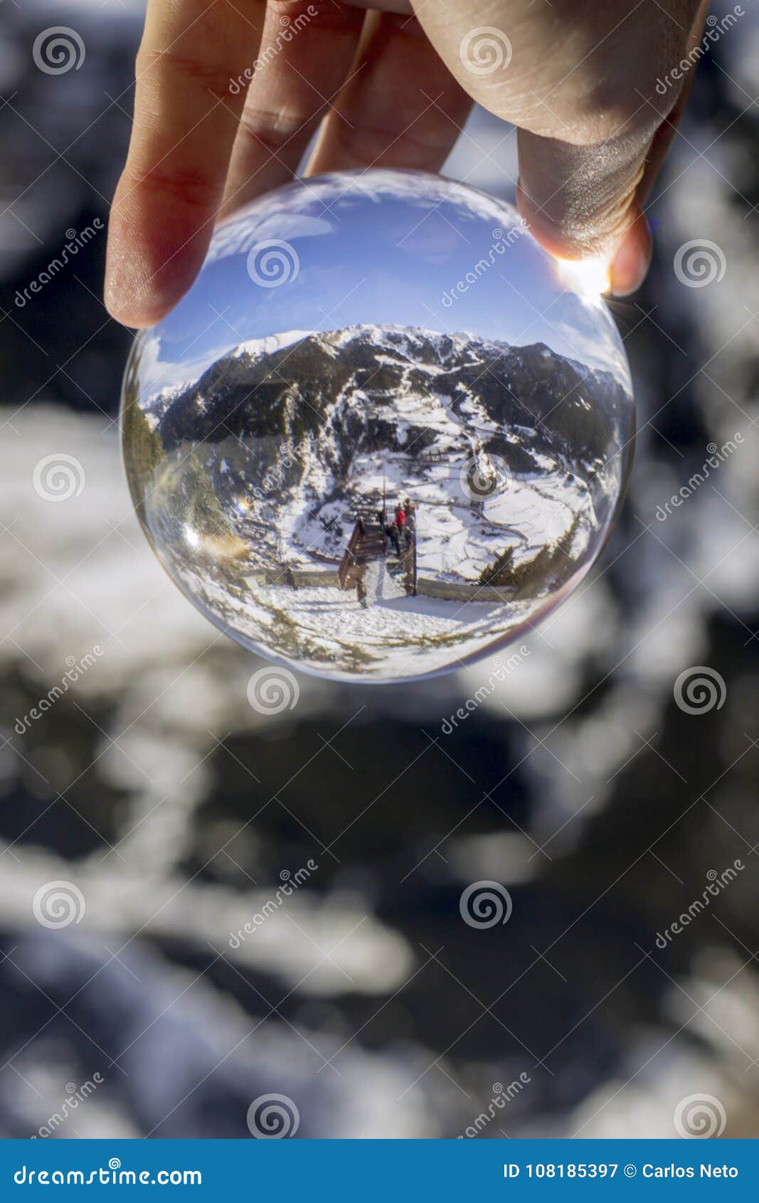roc del quer trekking trail observation deck, reflection view through crystal ball. andorra.