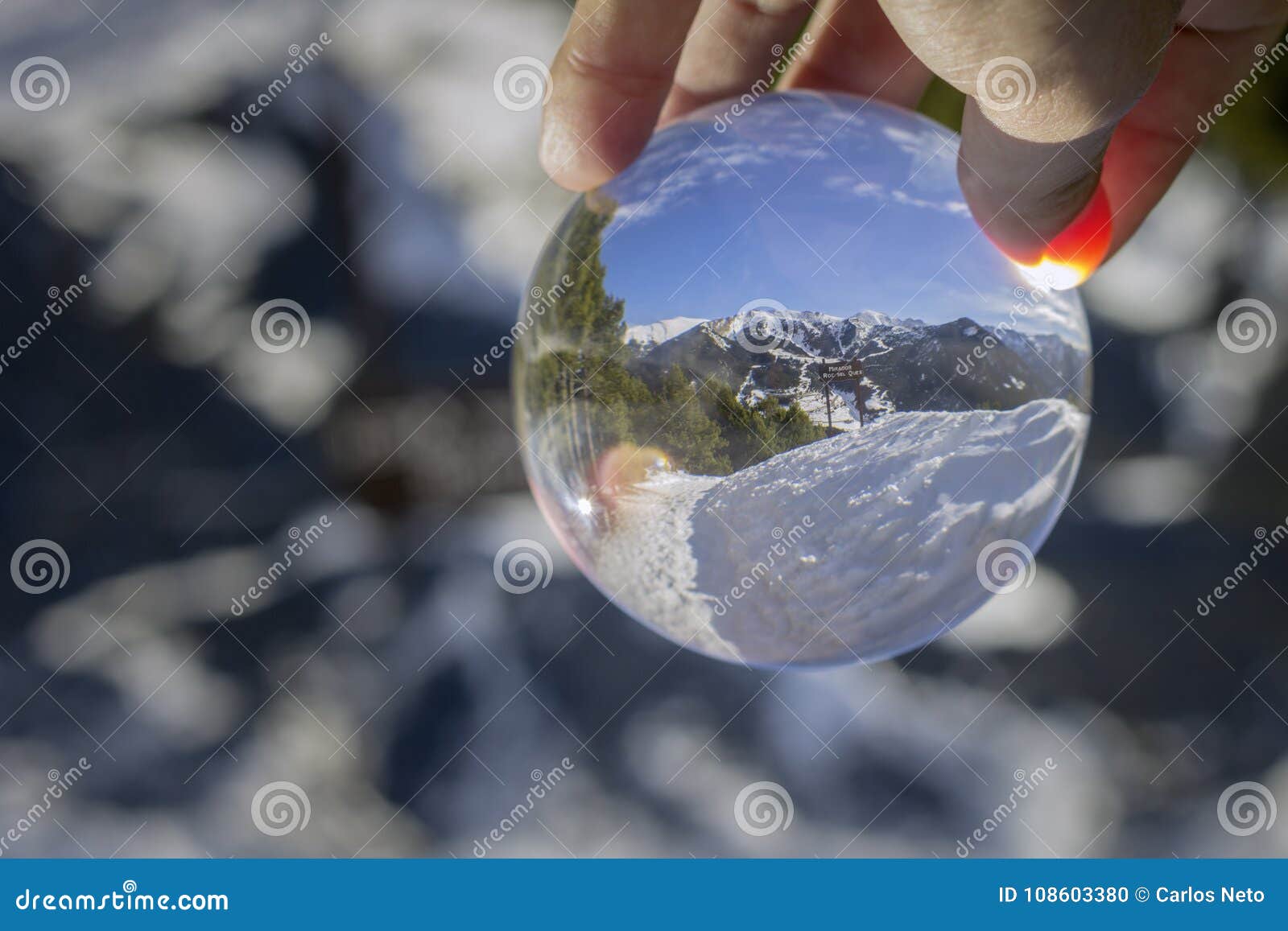 roc del quer trekking trail, reflection view through crystal ball. andorra.