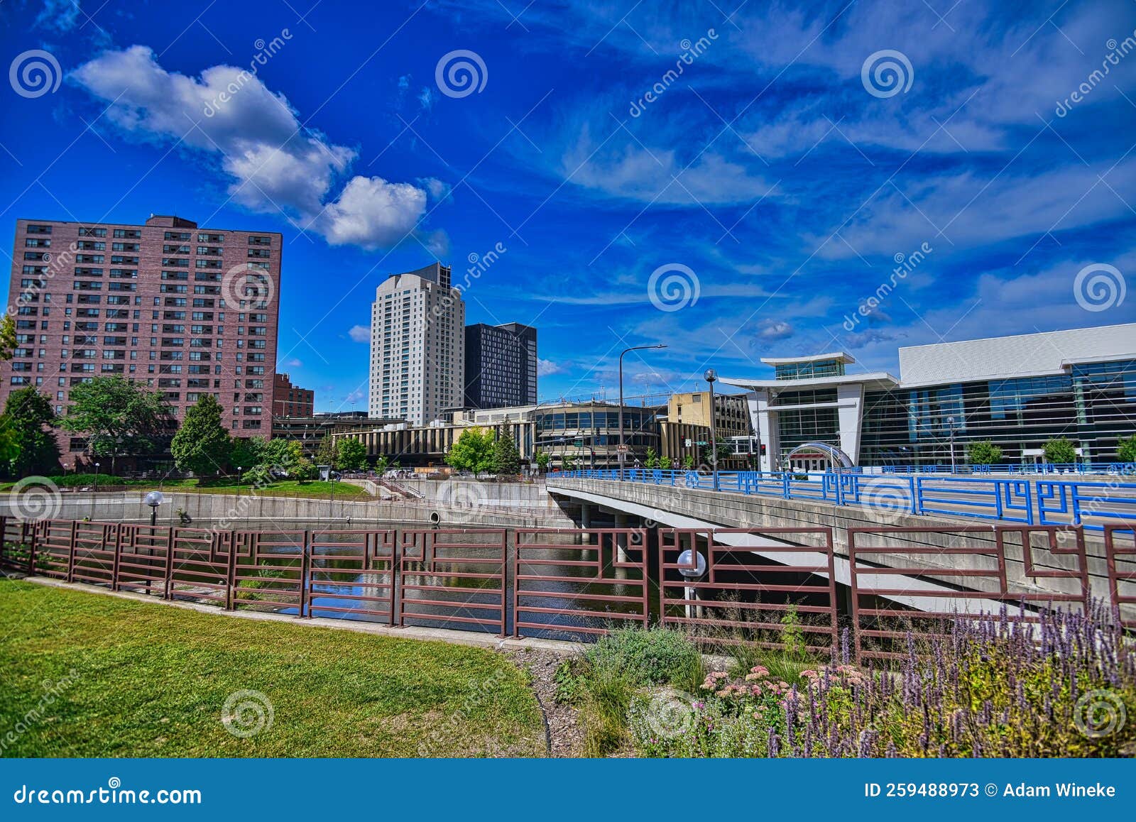 Rochester Minnesota Downtown Buildings and Green Space Near the River