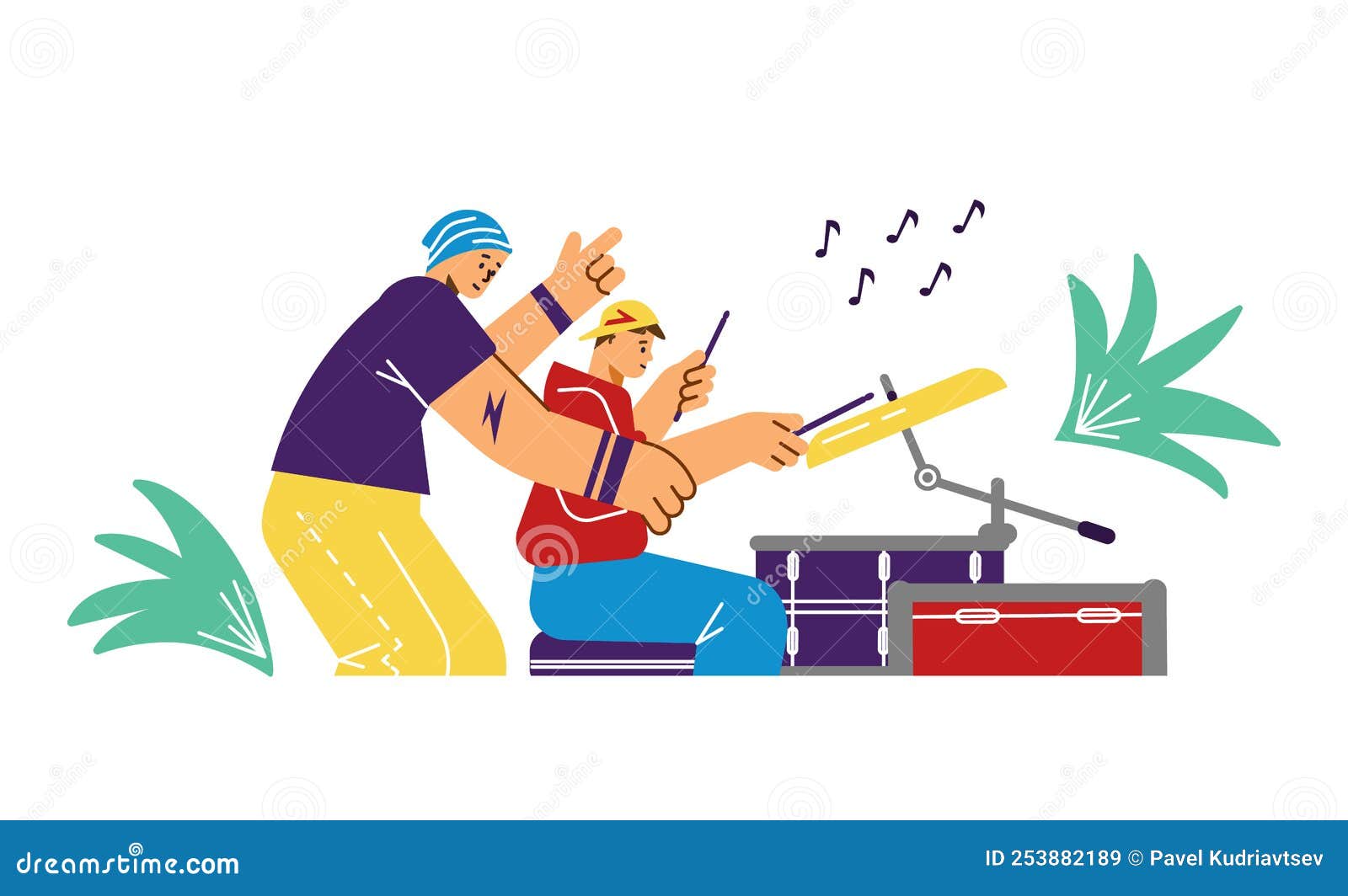 Rock Band Drummers Musicians Playing Drums Flat Vector Illustration rock-band-drummers-musicians-playing-drums-flat-vector-illustration