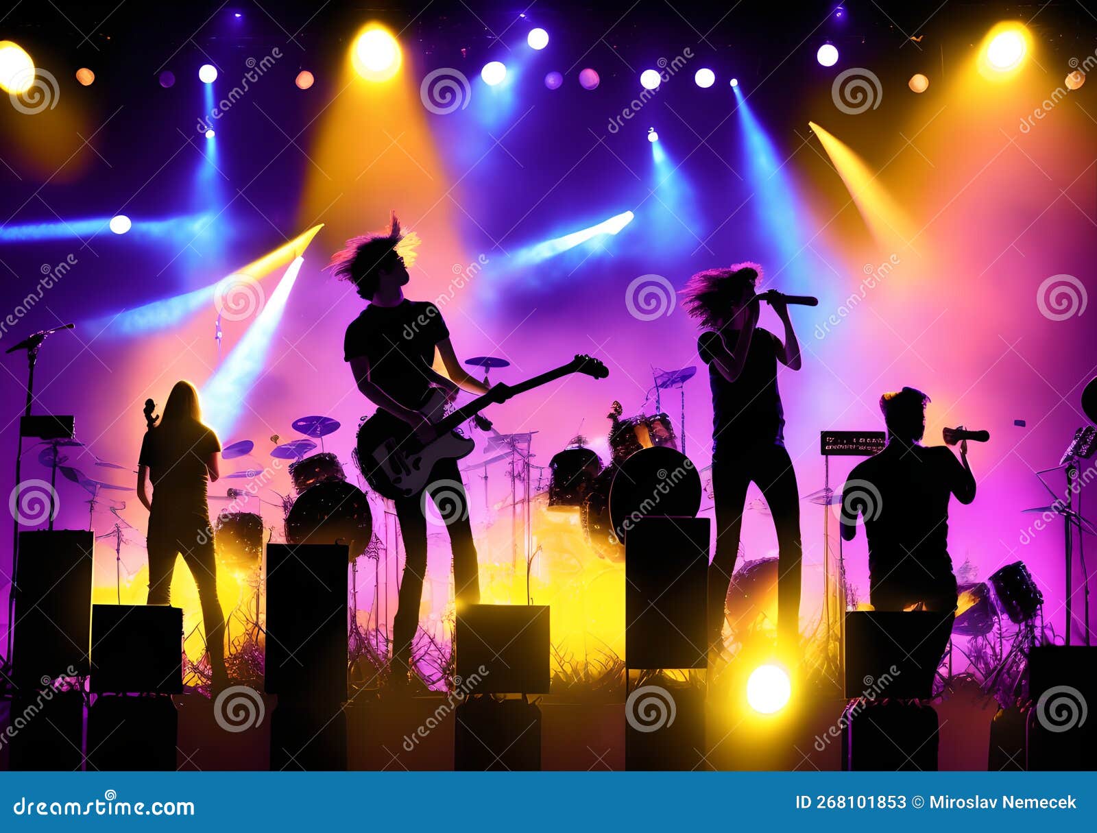 Rock Band Performs on Stage in the Spotlights, Generative AI