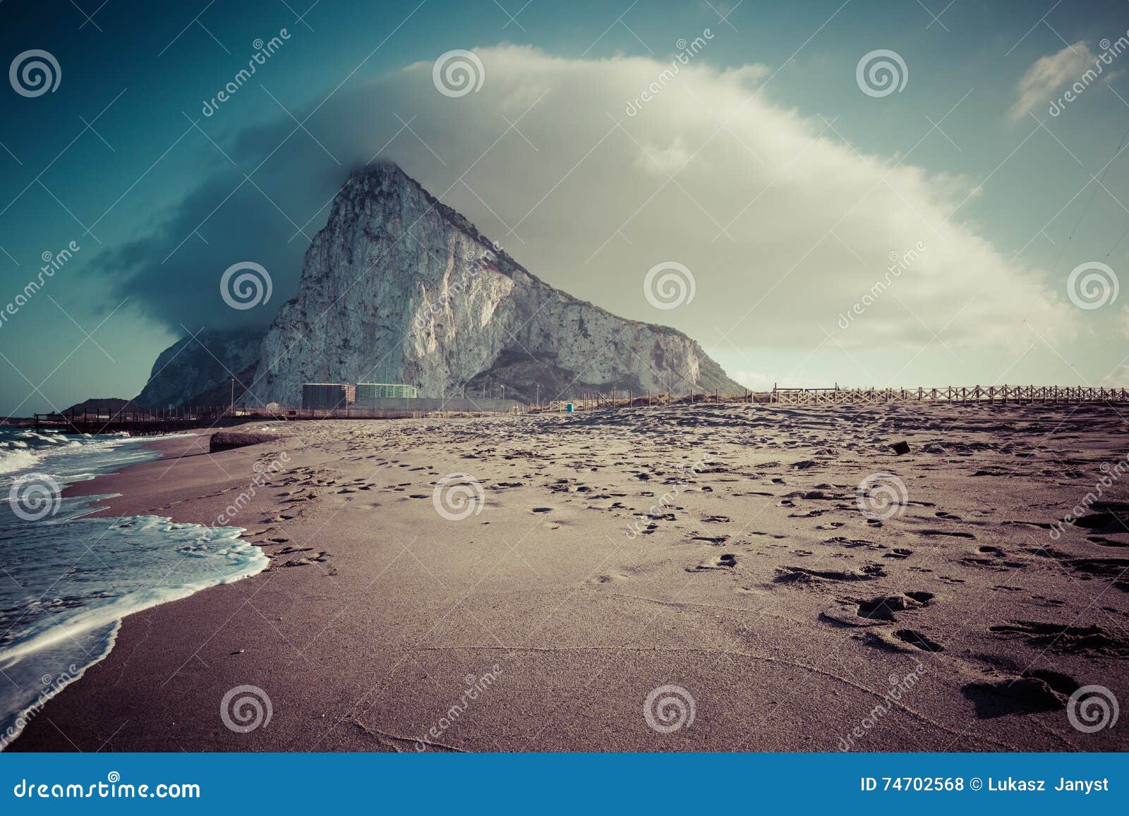 The Rock of Gibraltar from the Beach of La Linea, Spain Stock Photo