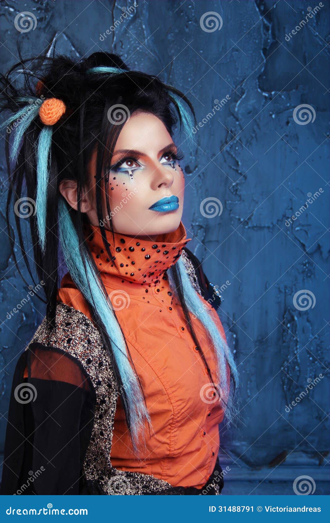 Rock Girl With Blue Lips And Punk Hairstyle Leaning 