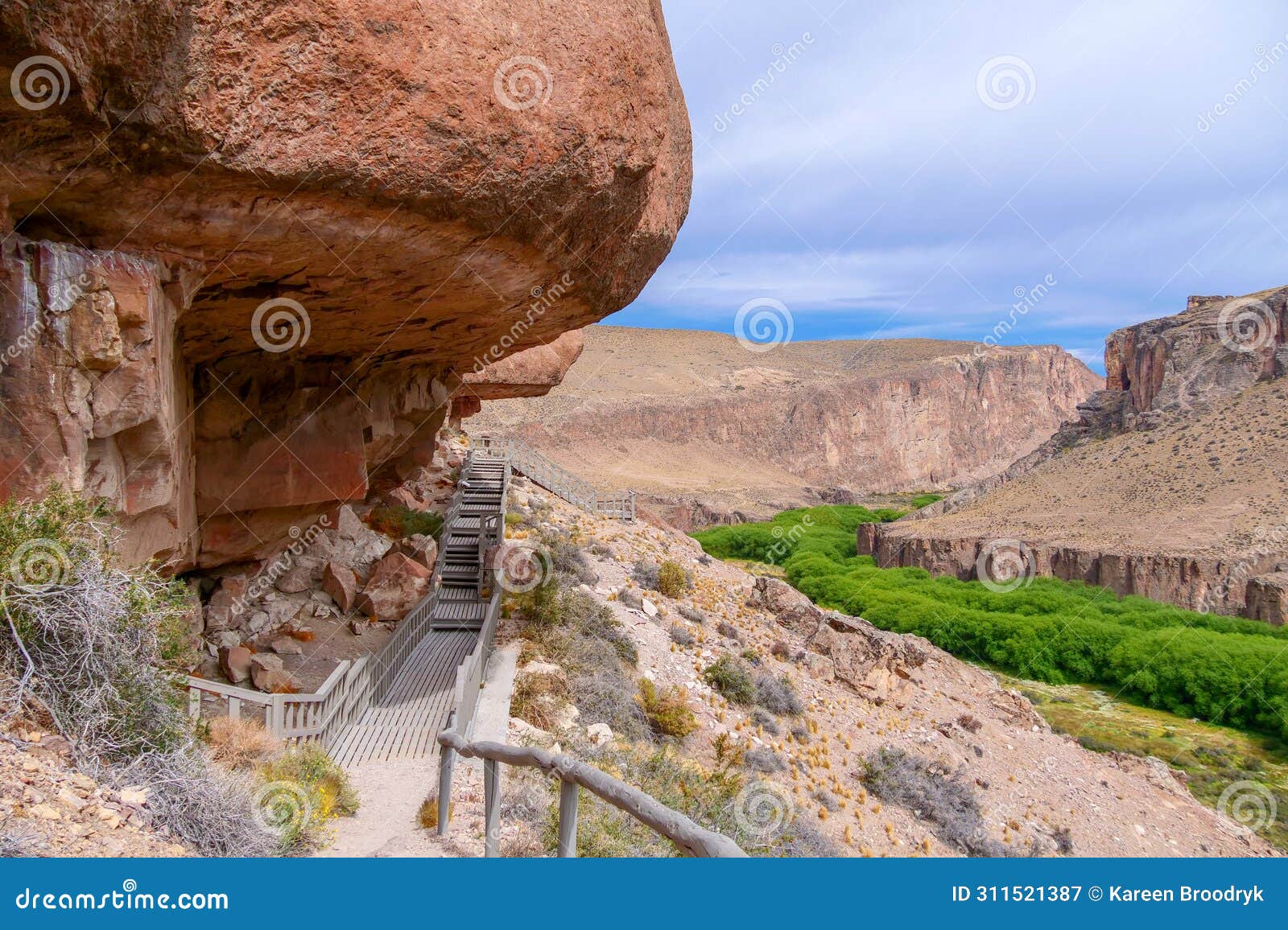 rock ledge on rio pinturas where famous rock paintings of handprints and animals are located. location: cueva de las manos,