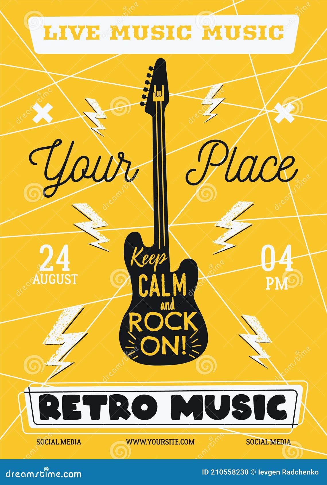 Rock Music Vector Flyer, Live Event Poster Background Template with Retro  Guitar. Keep Calm and Rock on Background Stock Vector - Illustration of  event, roll: 210558230