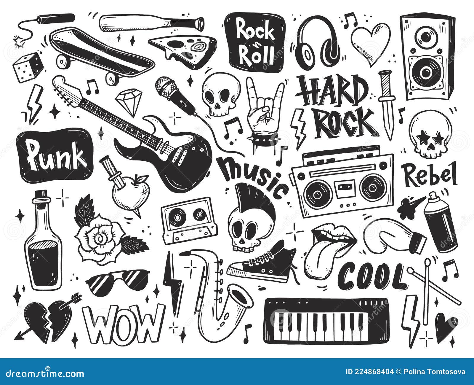Rock N Roll, Punk Music Doodle Set. Stock Vector - Illustration of tattoo,  cute: 224868404