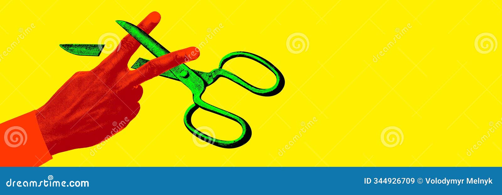 rock-paper-scissors game. red hand showing scissors gesture with green pair of scissors, against bold yellow background