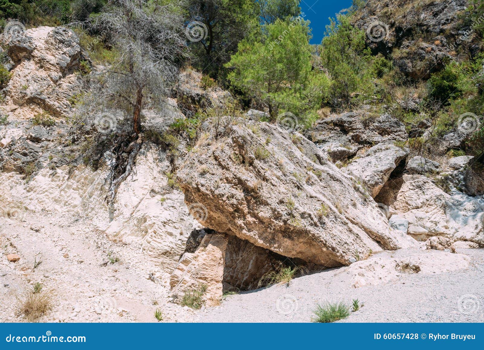 rock in tourist route in dry river bed rio chillar