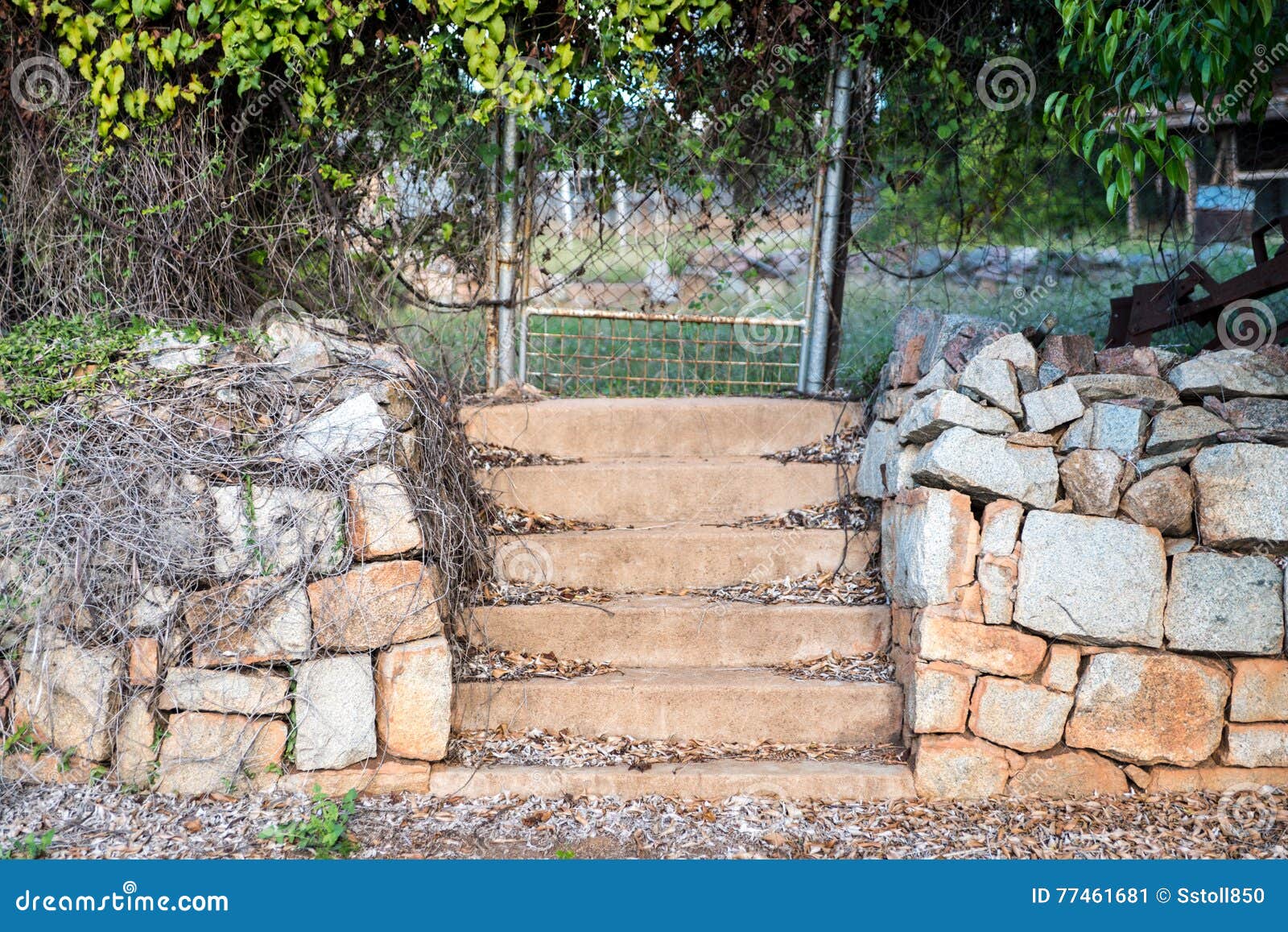Rock Wall and Stairs with Gate Stock Image Image of grass, rock 77461681