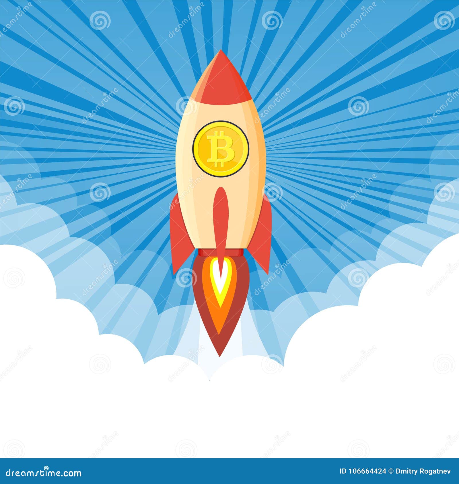 rocket flying over clouds with bitcoin icon