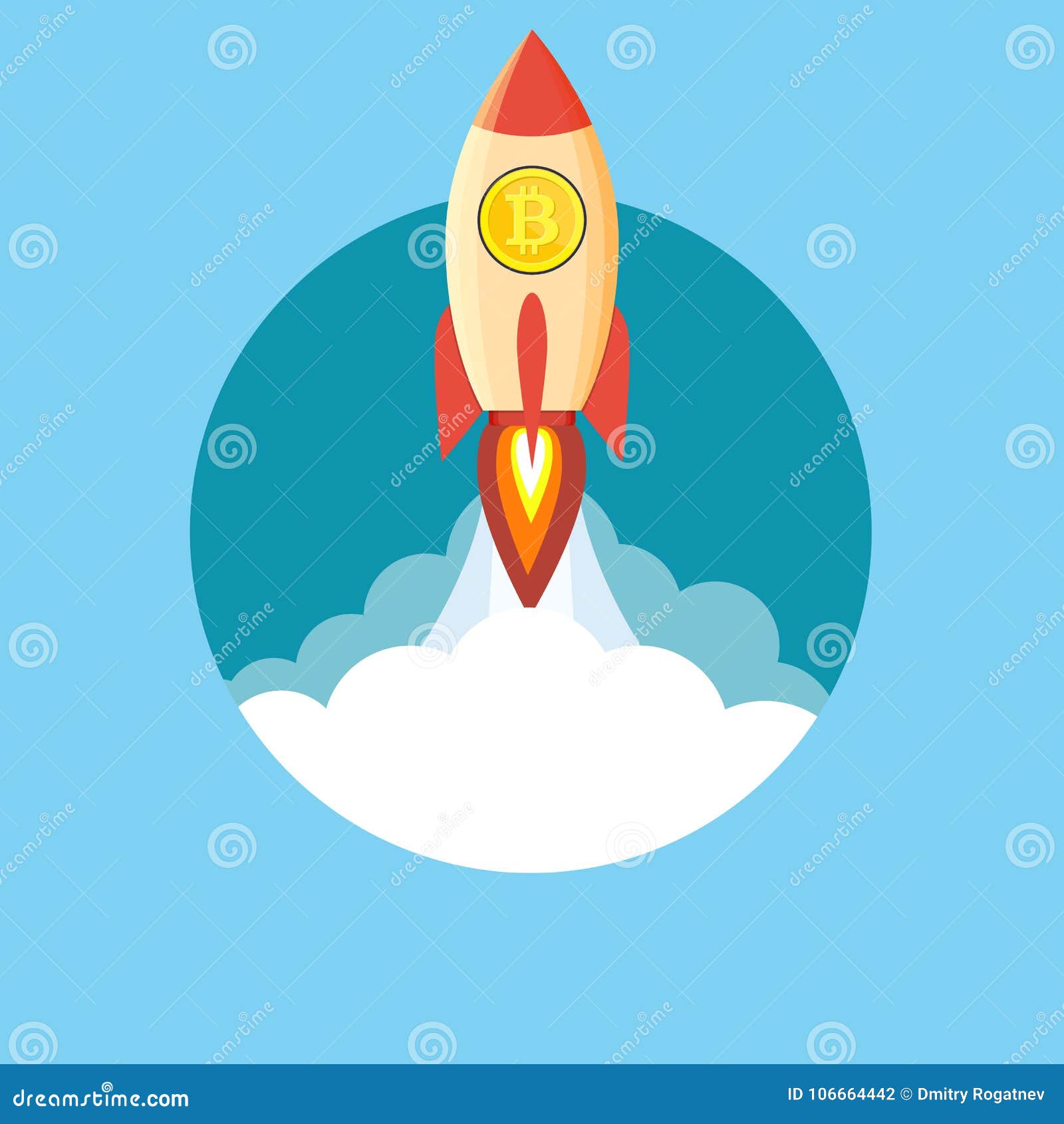 rocket flying over clouds with bitcoin icon