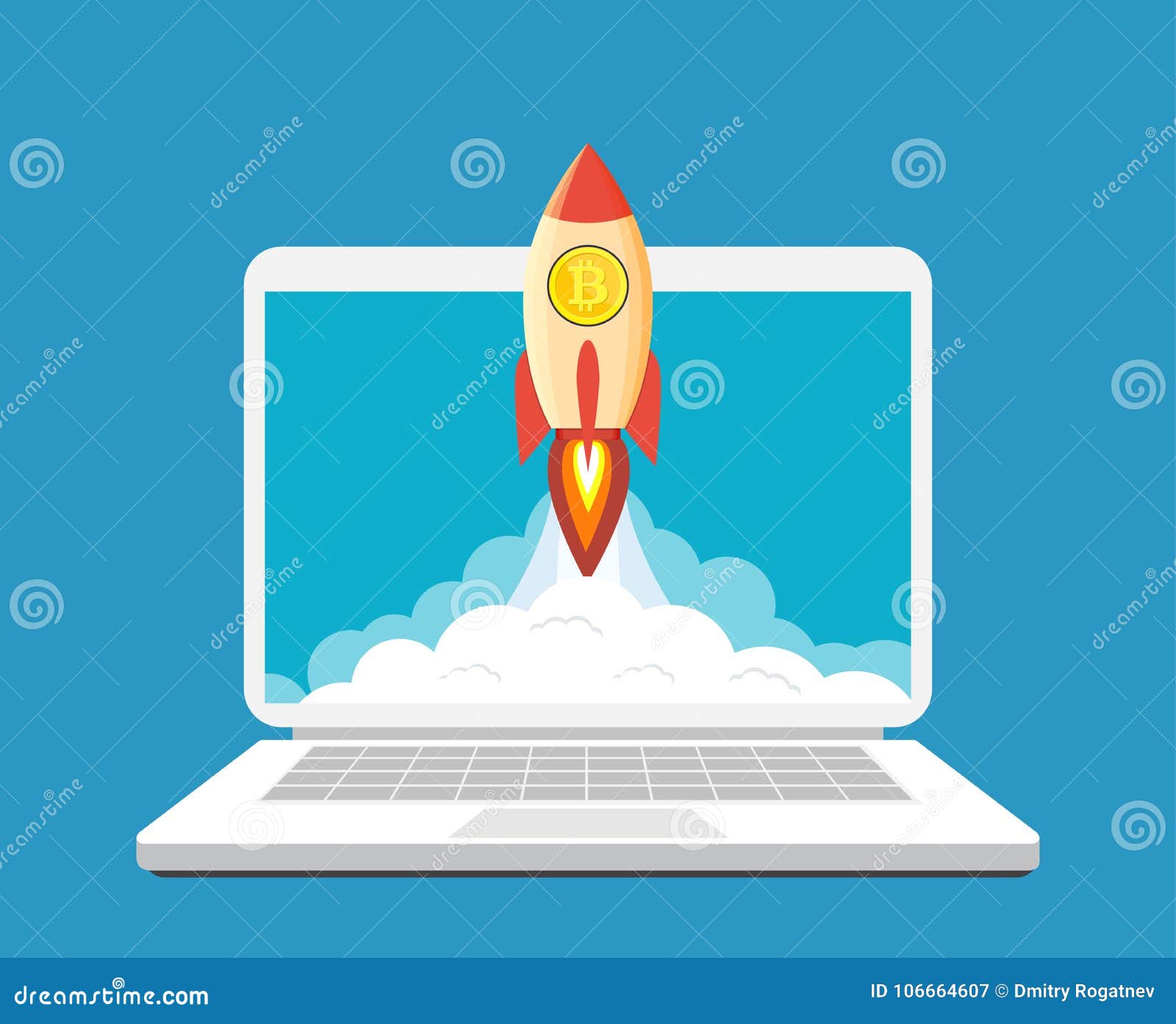 rocket flying over clouds with bitcoin icon