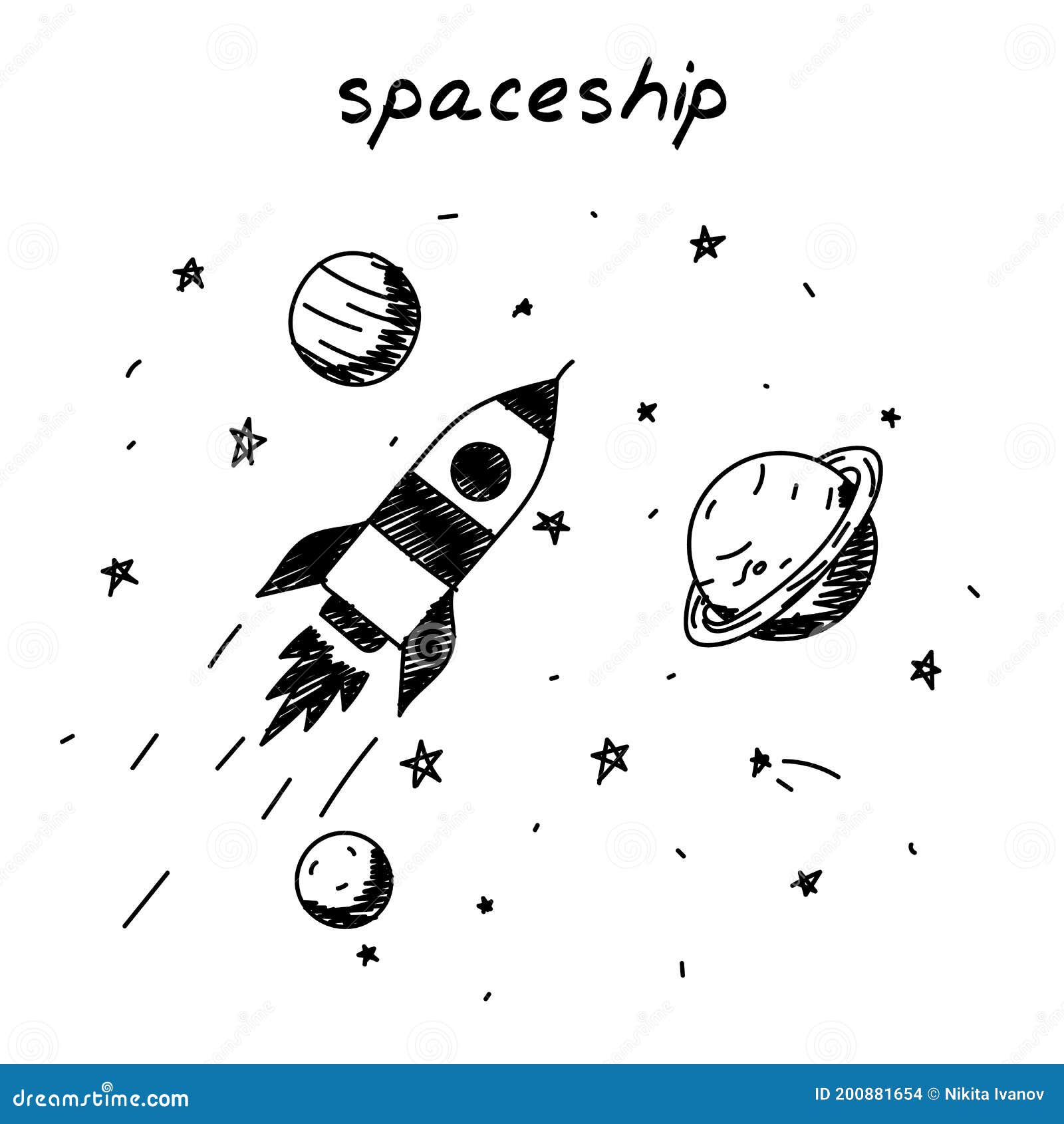 Rocket Flying in Space Hand-drawn Illustration. Cartoon Vector Clip Art of  a Spaceship Flying in Space between the Planets. Black Stock Illustration -  Illustration of alone, rocket: 200881654