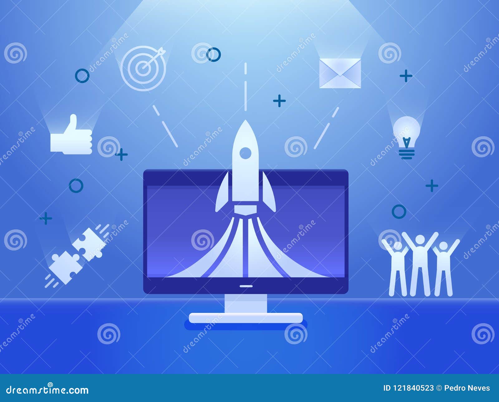 rocket launch on a computer screen with business icons banner.   concept for startups, teamwork