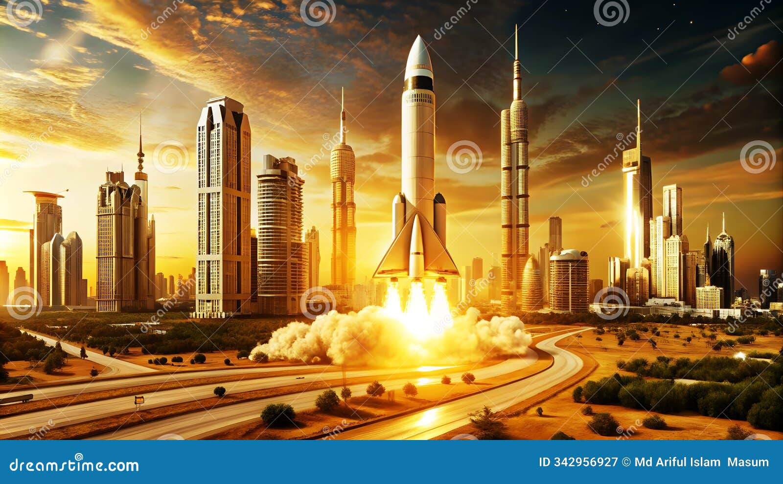 rocket launch with futuristic city background for space exploration theme