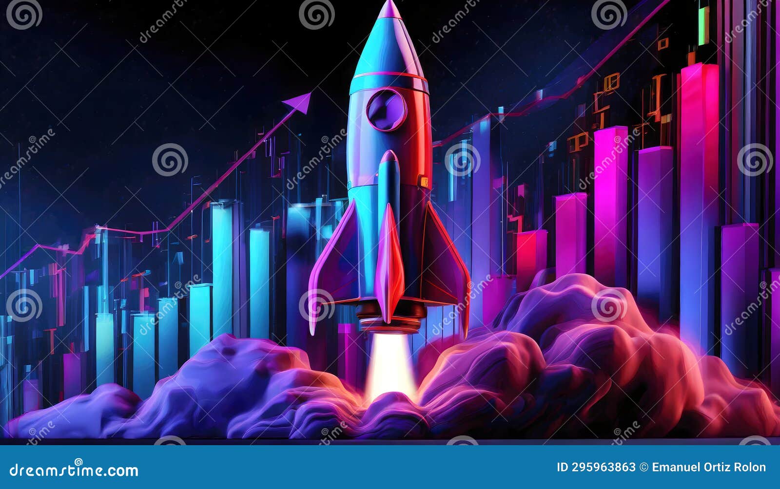 Red Rocket Launching with Stock Market Graph Behind Stock Illustration ...