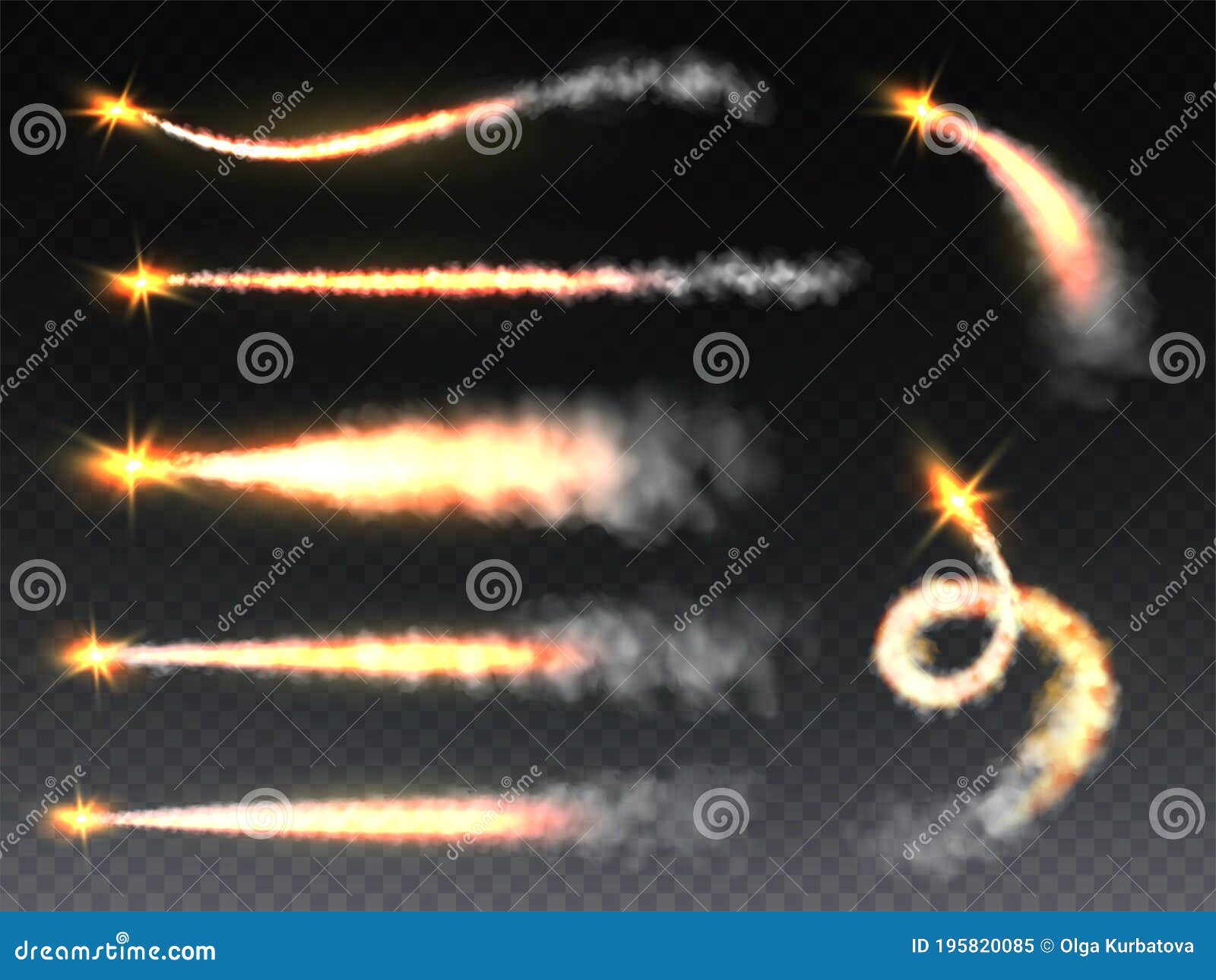 rocket smoke. trailing fume with flame jets, fiery foggy trails jet airplane. missile, shuttle or spaceship contrails