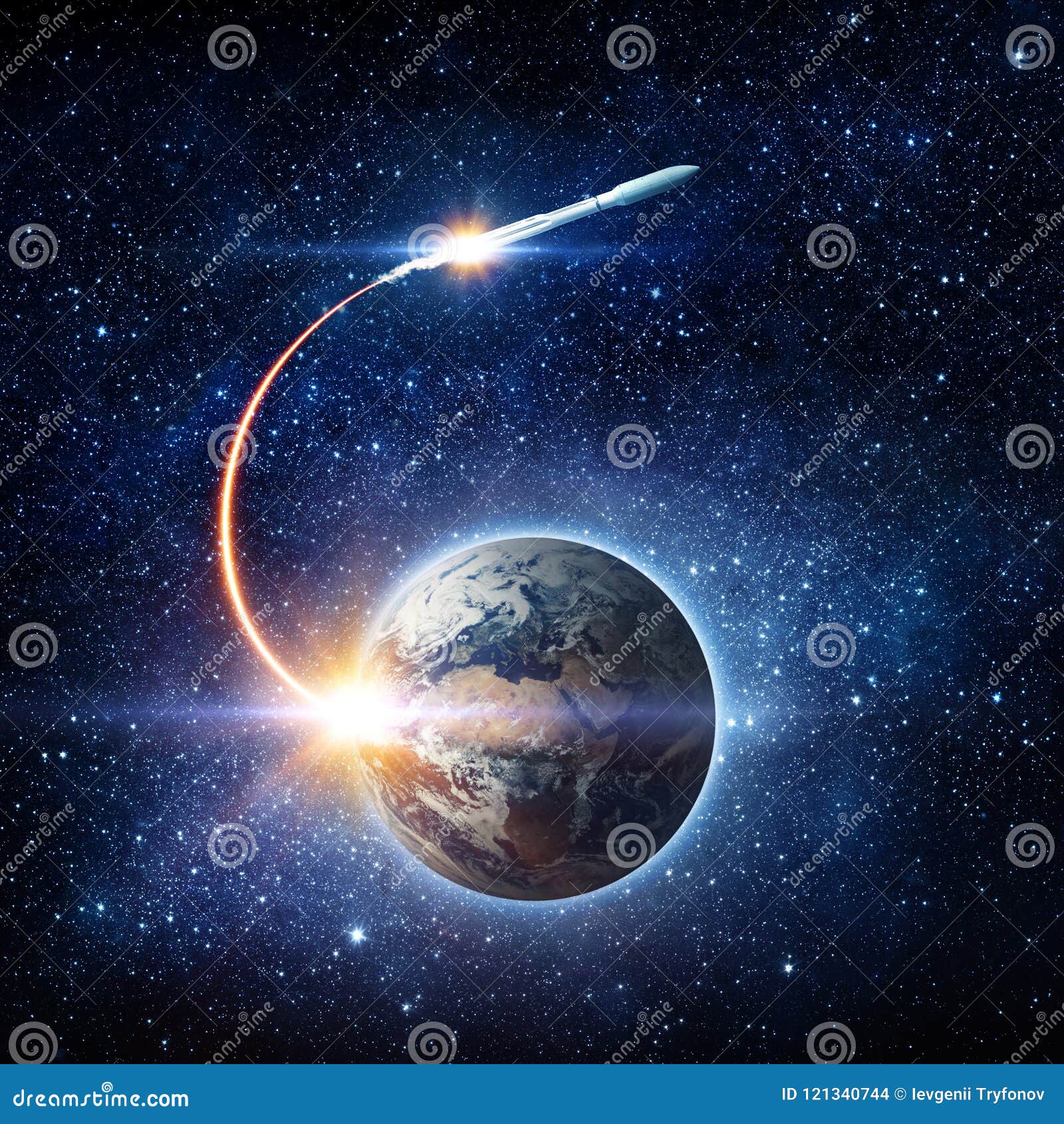 rocket space ship launching from planet earth and flying into outer space. space exploration background. s of this image f