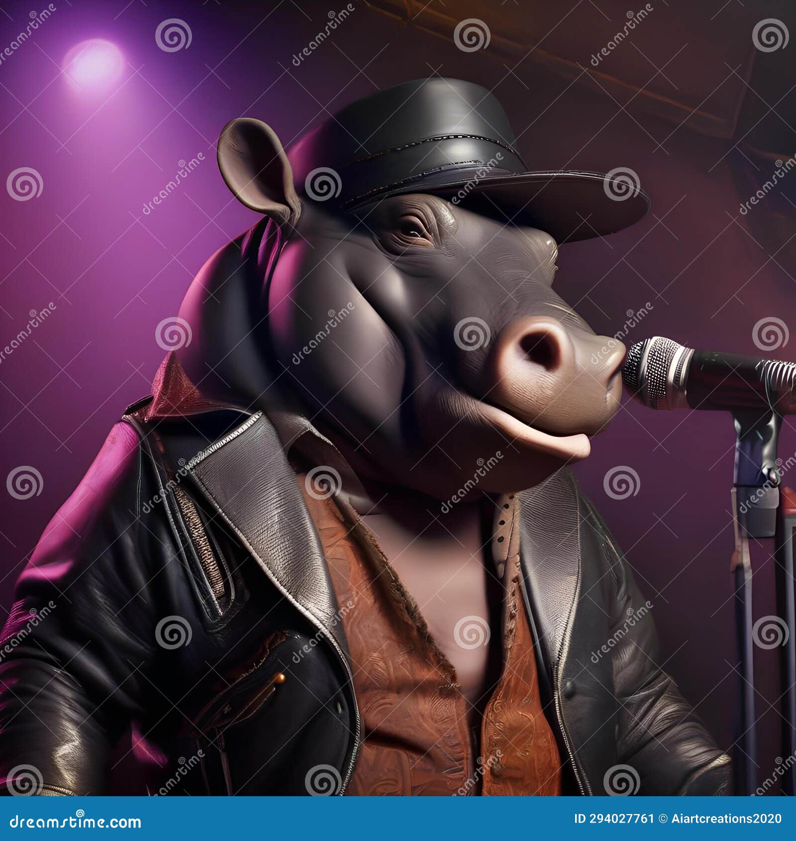 a rockstar hippo in leather pants and a microphone, belting out a hit song2