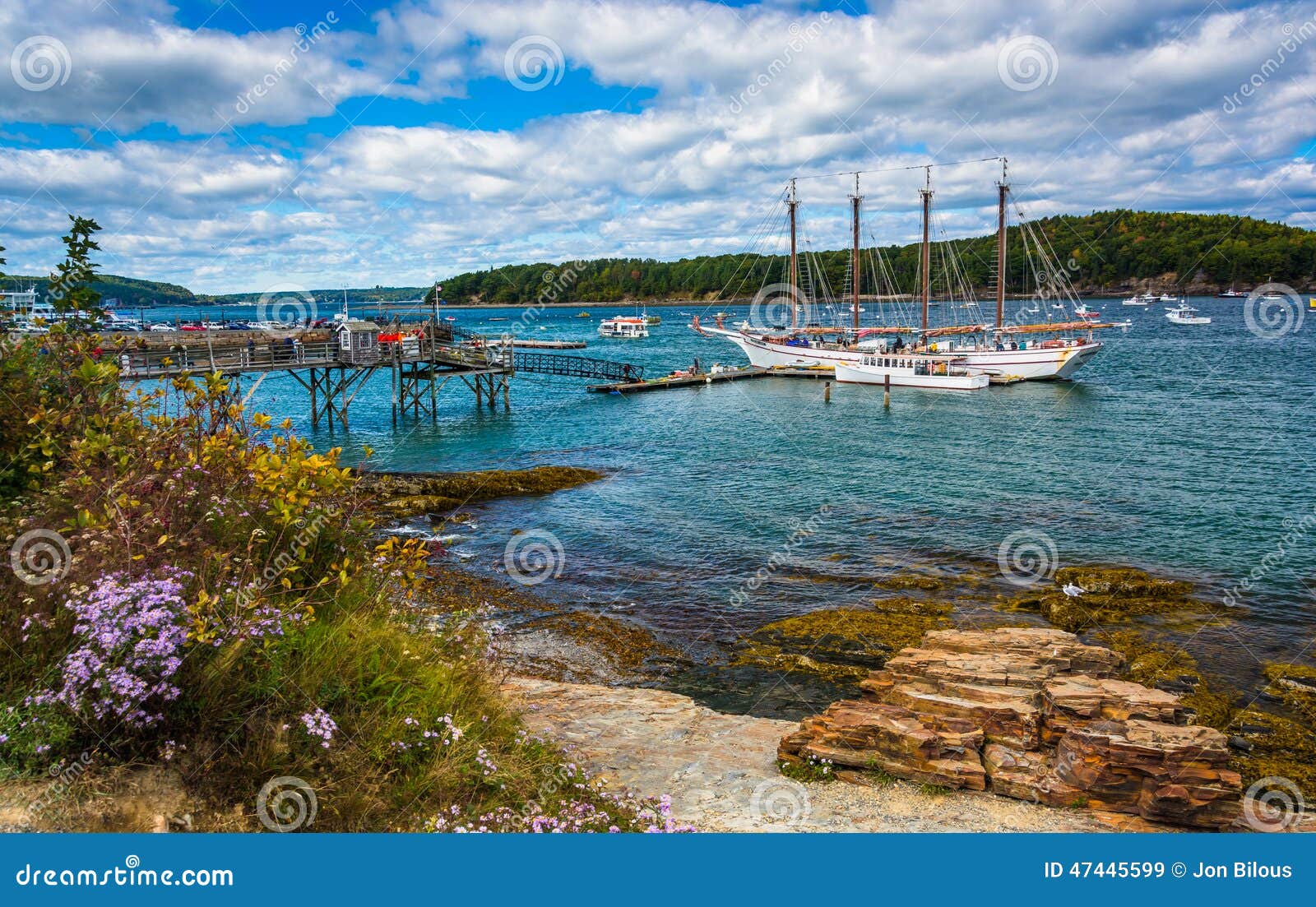 rocky coast and view of boats in the harbor at bar harbor, maine