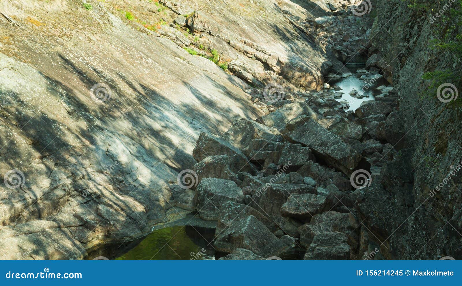 Rocky Dry River. Dry Watercourse of the River with the Rocks and Water