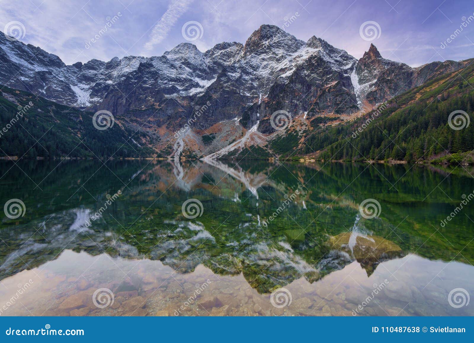 rocky mountains reflection in the calm lake water.