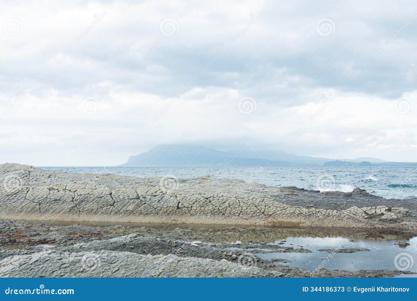 rocky seashore made of columnar granite, hardened lava, resembling scales or cobblestone pavement, coast of kunashir island