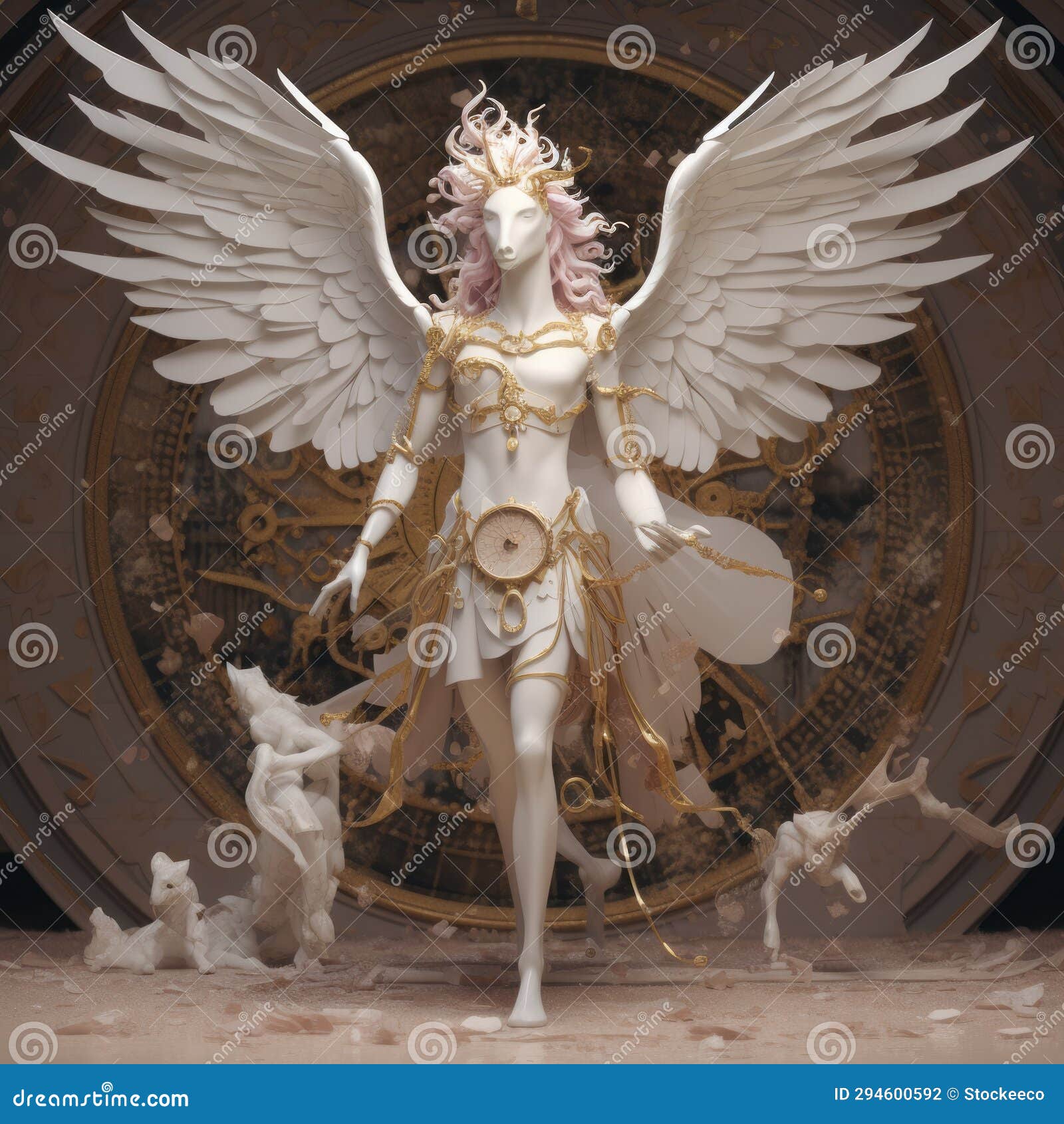 rococo minimalism: pegasus humanoid with angelic wings and celestial clock