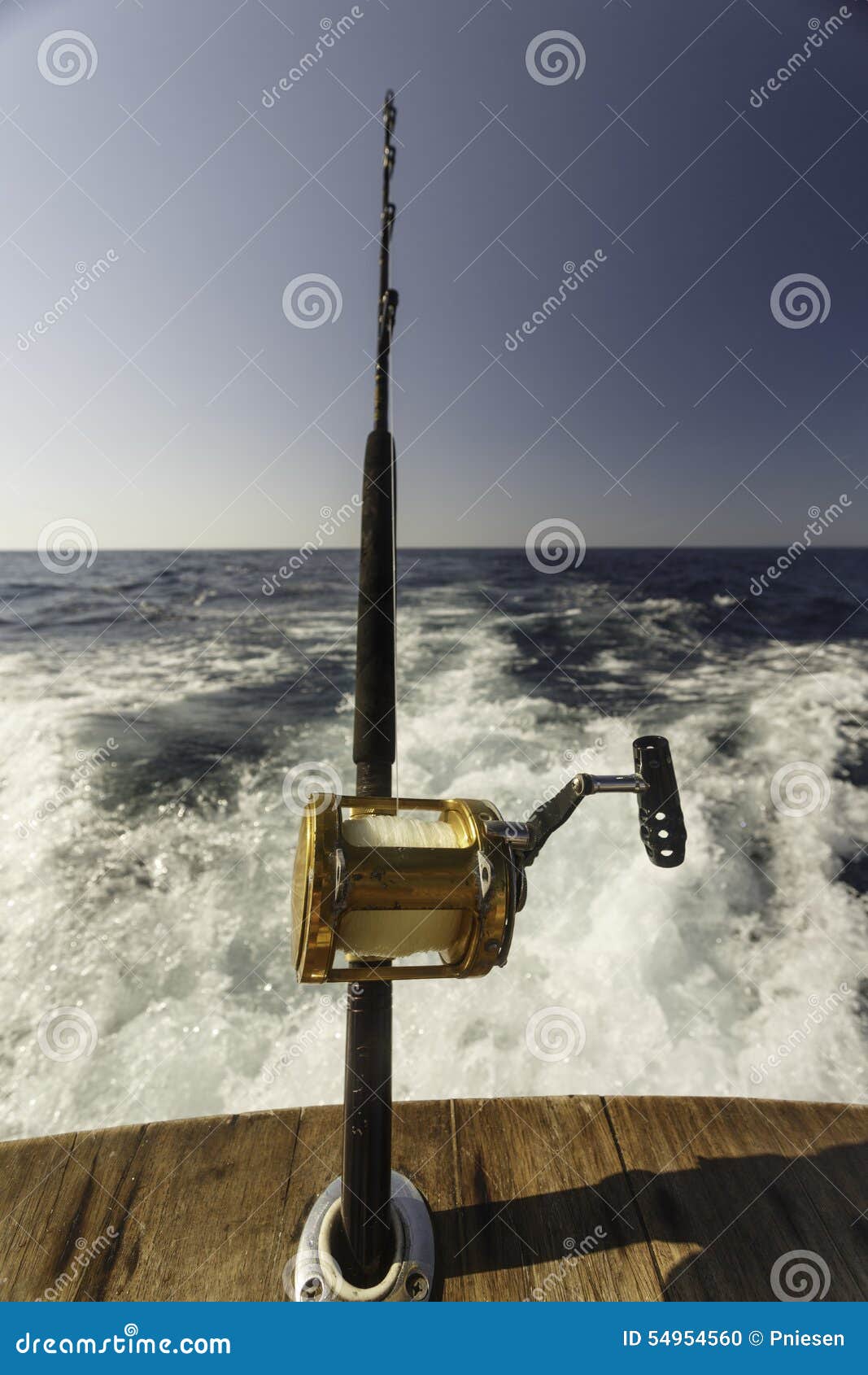 Rod and Reel for Deep Sea Fishing from Back of Boat Stock Photo