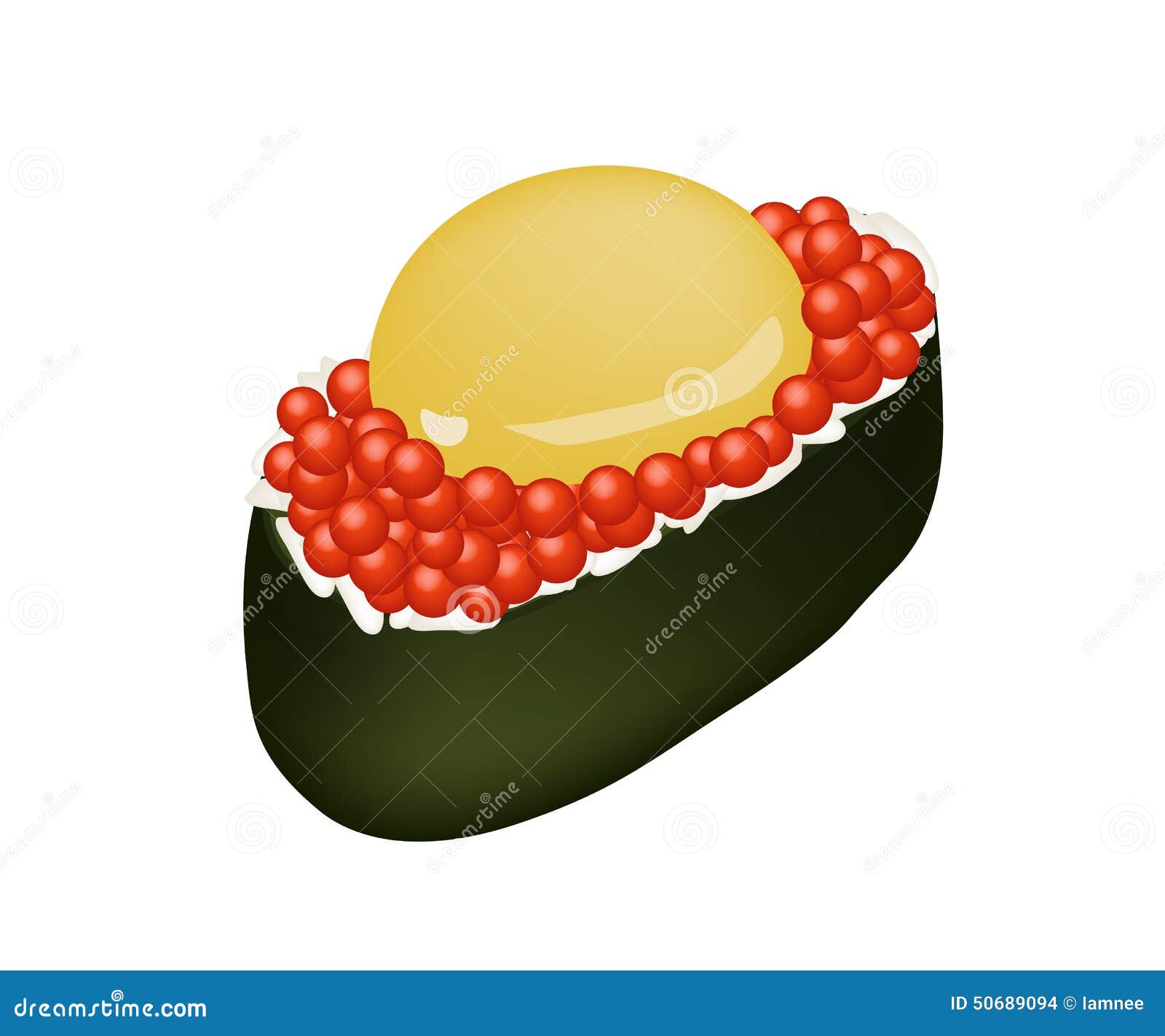 Rode Kaviaar Salmon Roe Roll Met Ruw Kwartelsei Vector Illustratie