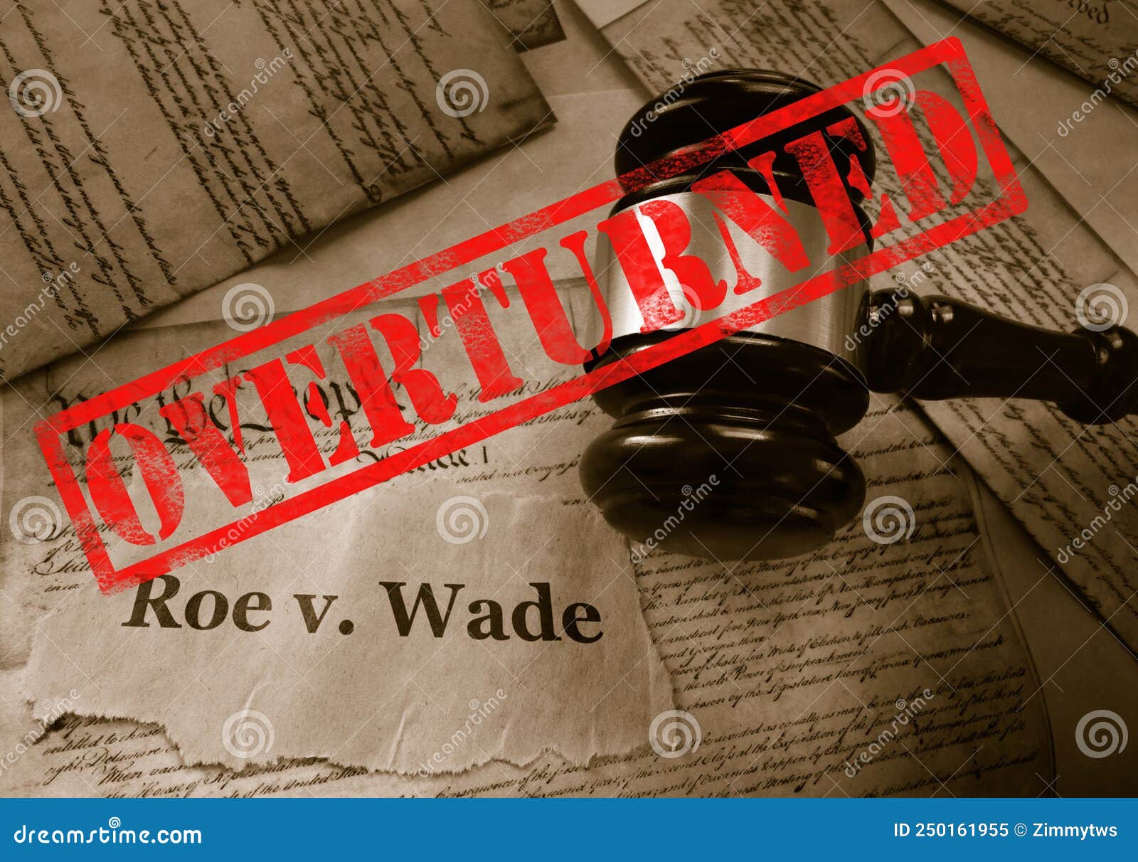 roe v wade news headline with gavel and overturned stamp on the united states constitution