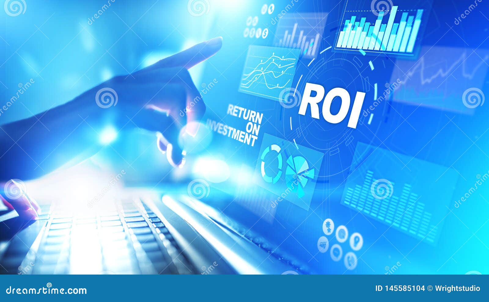 roi - return on investment, trading and financial growth concept on virtual screen.