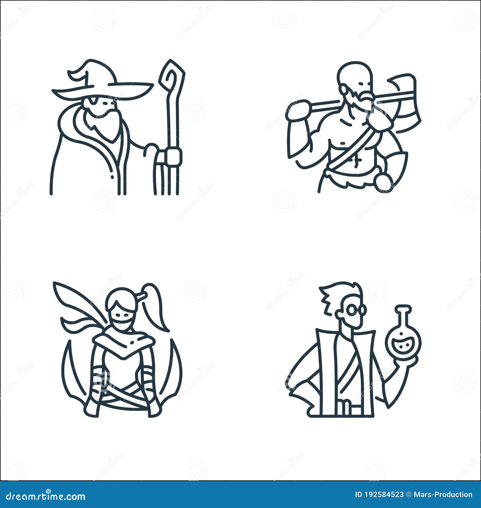 roleplaying avatars line icons. linear set. quality  line set such as alchemy, assasin, barbarian