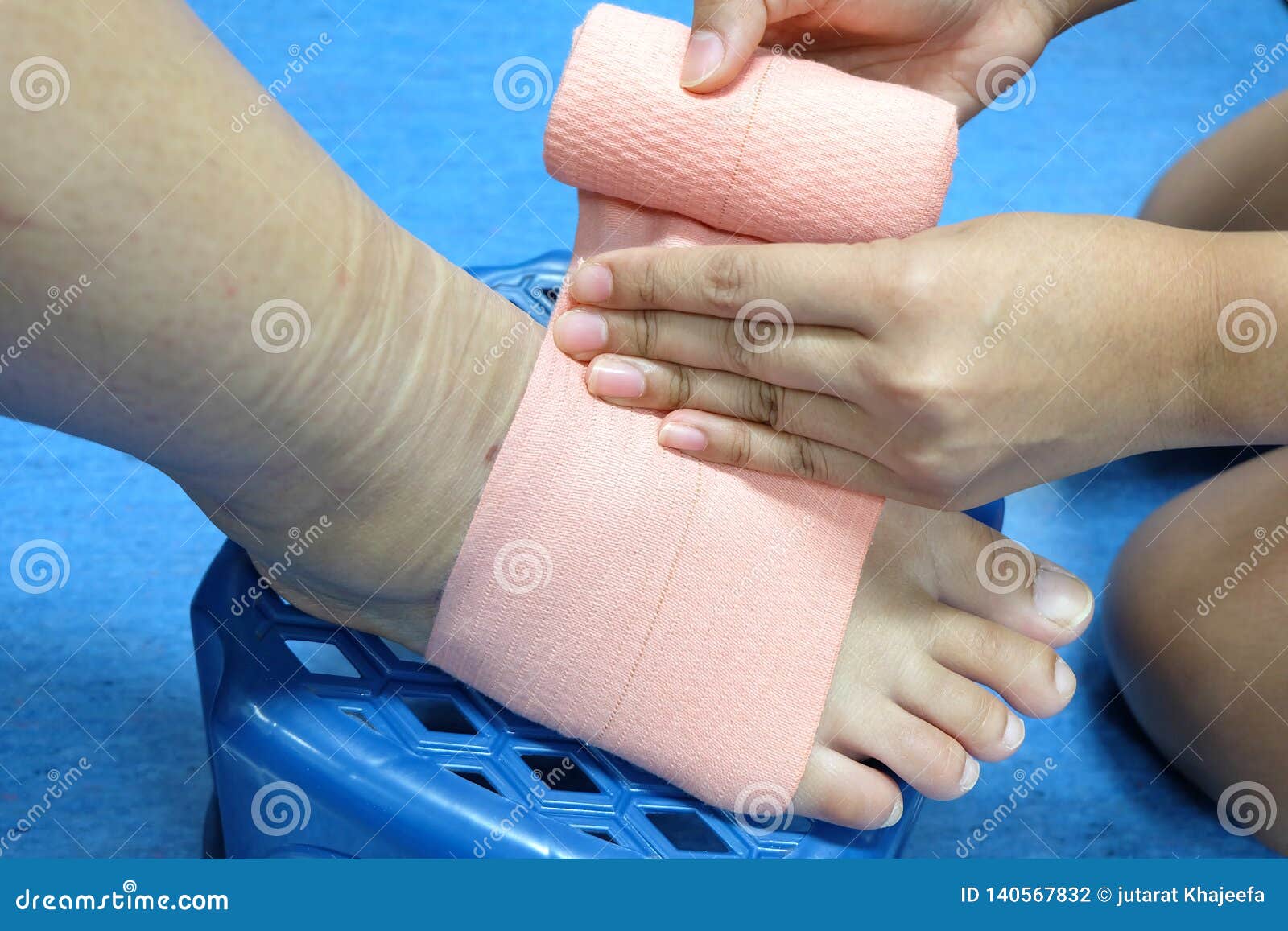 Roll a Bandage for Protect Foot. Wrap Foot Bandage Stock Photo Image