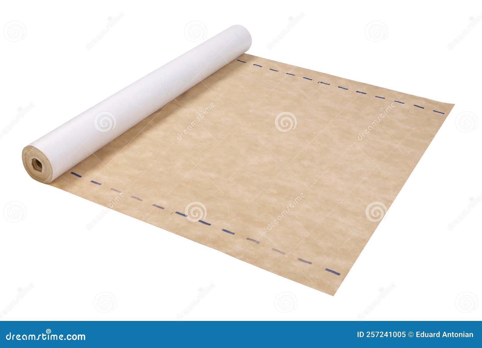 A Roll of Beige Waterproof Fabric for Roof Sealing, Half Unfolded, on a