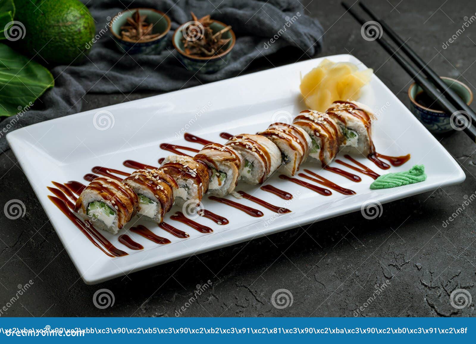 Roll Canada with Eel, Cream Cheese and Cucumber on Plate on Dark Stone Table Stock Photo Image
