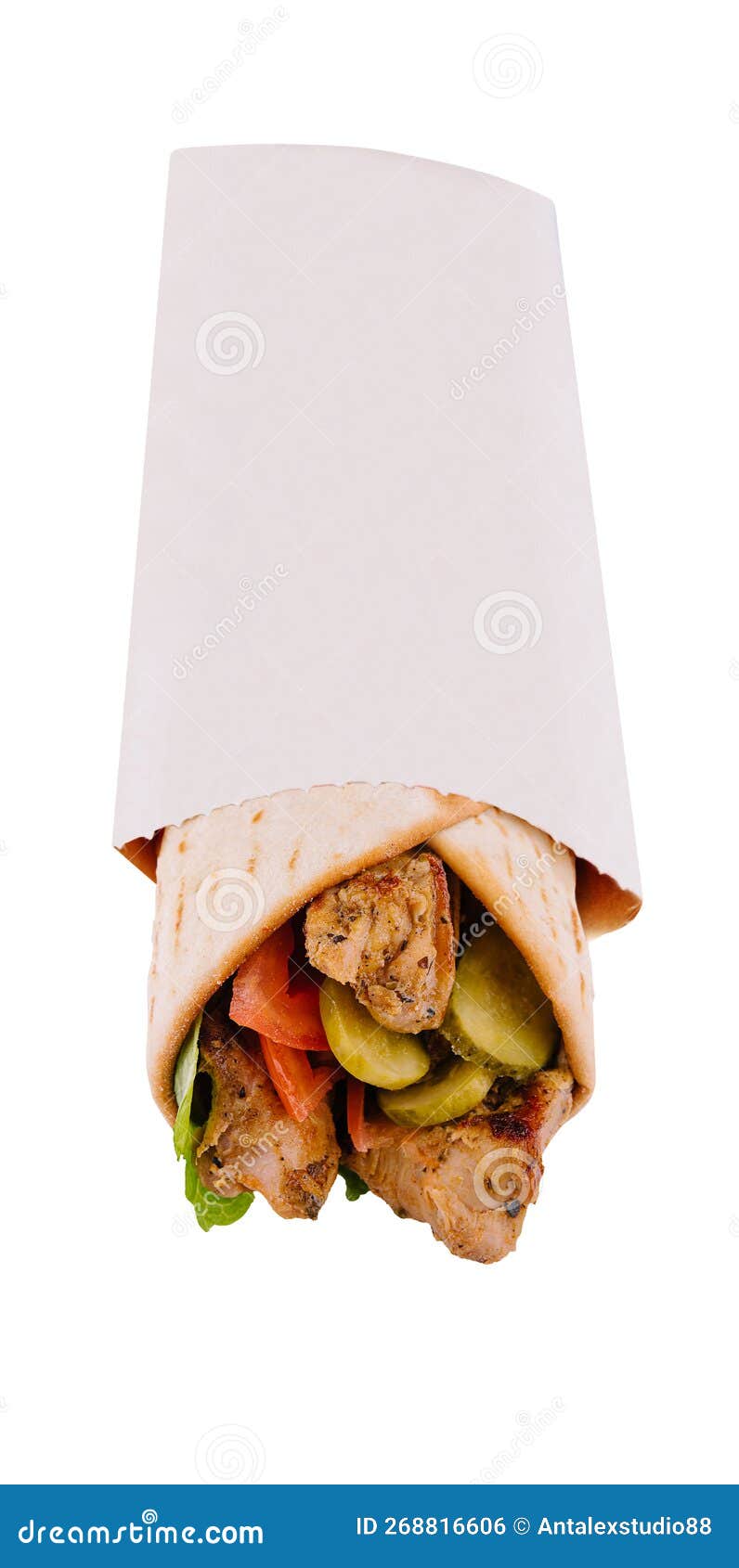 Roll with Chicken, Tomato and Pickled Cucumbers Isolated Stock Photo