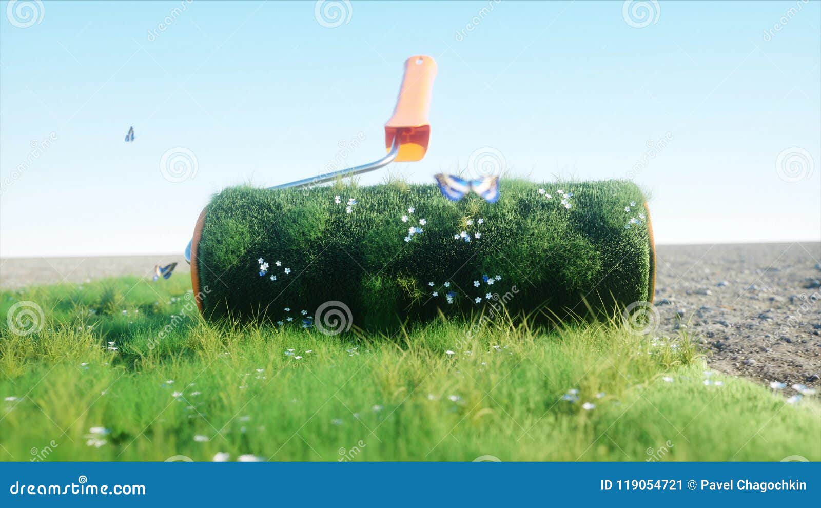 A Roll of Grass on the Earth with Butterflies. Brush of Grass. Ecology Concept. 3d Rendering