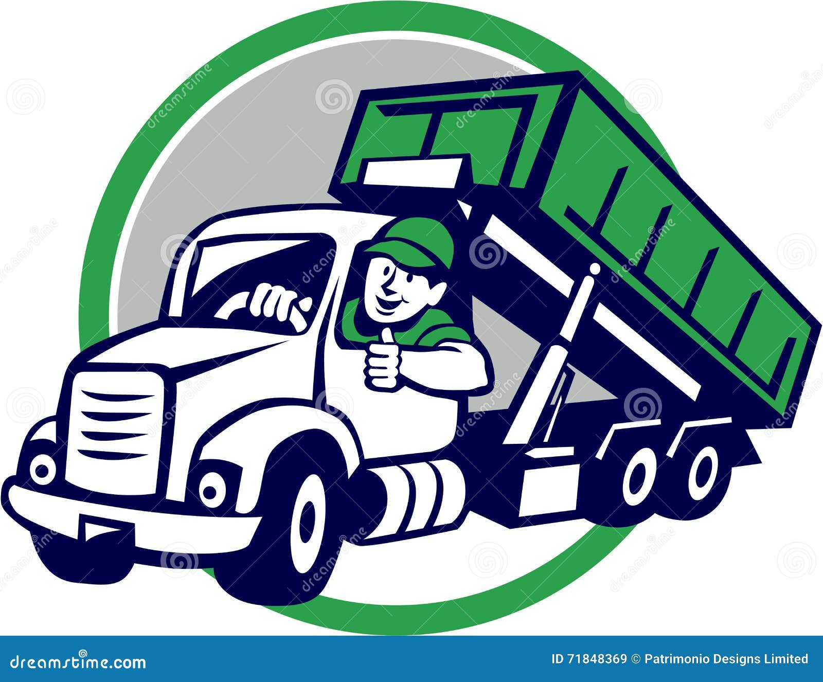 roll-off bin truck driver thumbs up circle cartoon