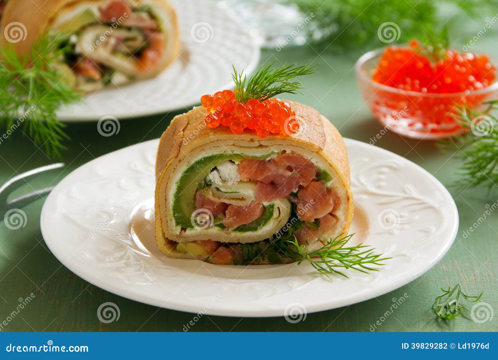 Roll Pancakes with Red Fish Stock Photo Image of plate, pancake 39829282