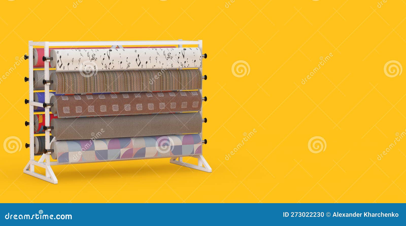 Rolled Carpet Samples with Carpet Shop Display Rack. 3d Rendering Stock