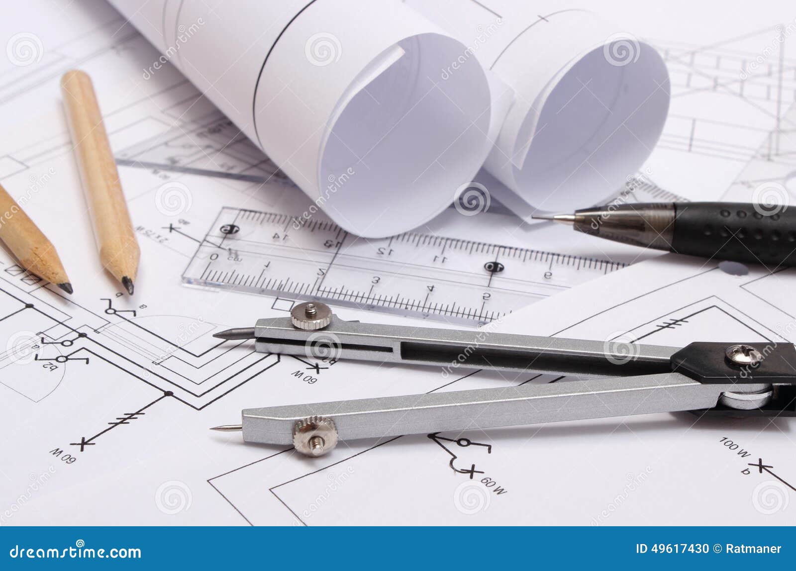 Rolled Electrical Diagrams and Accessories for Drawing Stock Photo
