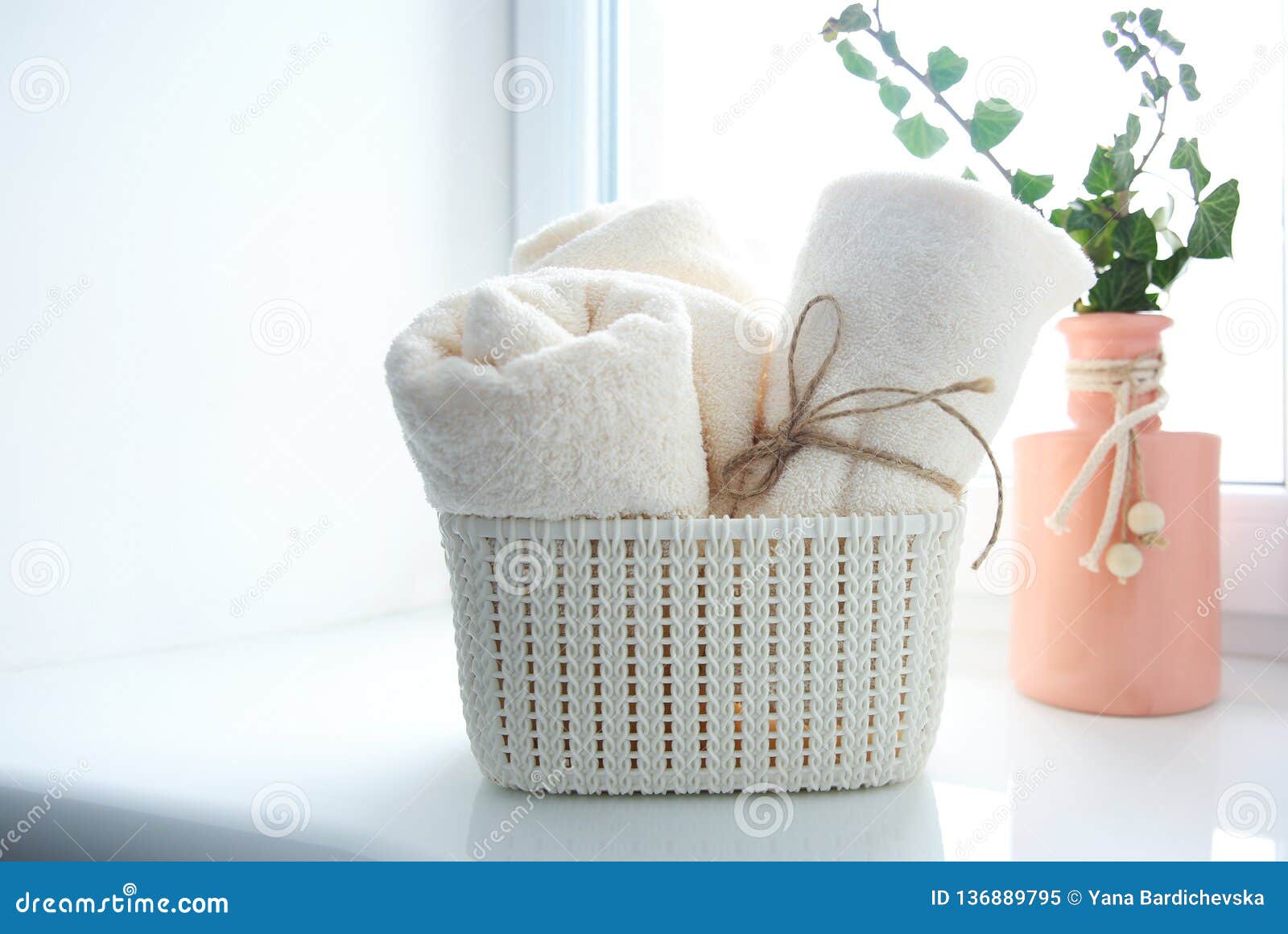 Bath Towels in Basket on Window Sill Empty Copy Space Stock Image Image of copy, pile 136889795