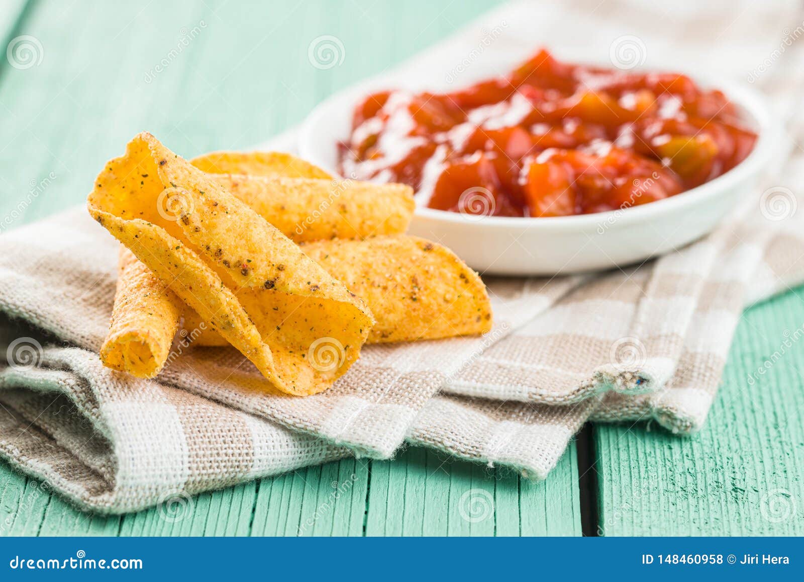 Rolled Mexican Nacho Chips and Salsa Dip Stock Photo Image of corn