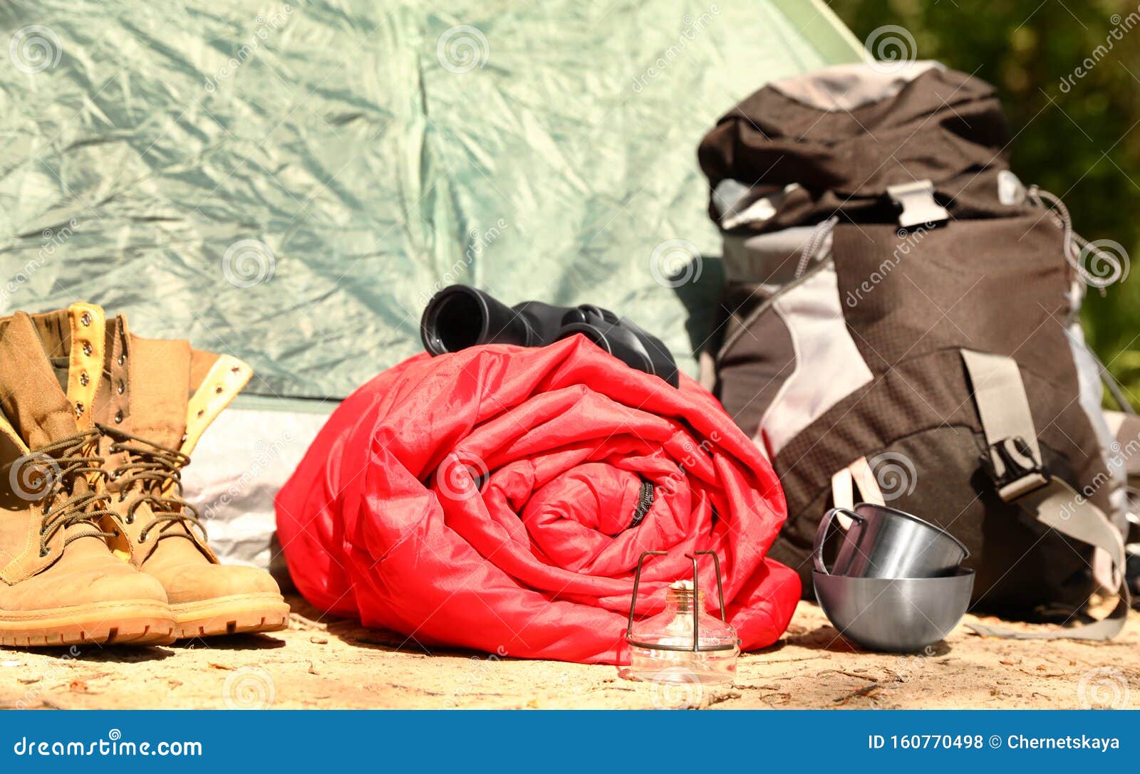 Rolled Sleeping Bag and Other Camping Gear Outdoors Stock Photo - Image ...