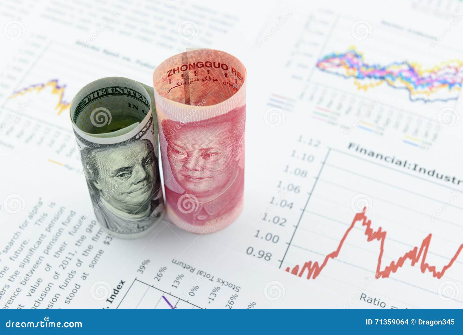 rolled up scrolls of us dollar bill and chinese yuan with image / portrait of president mao zedong and benjamin franklin.