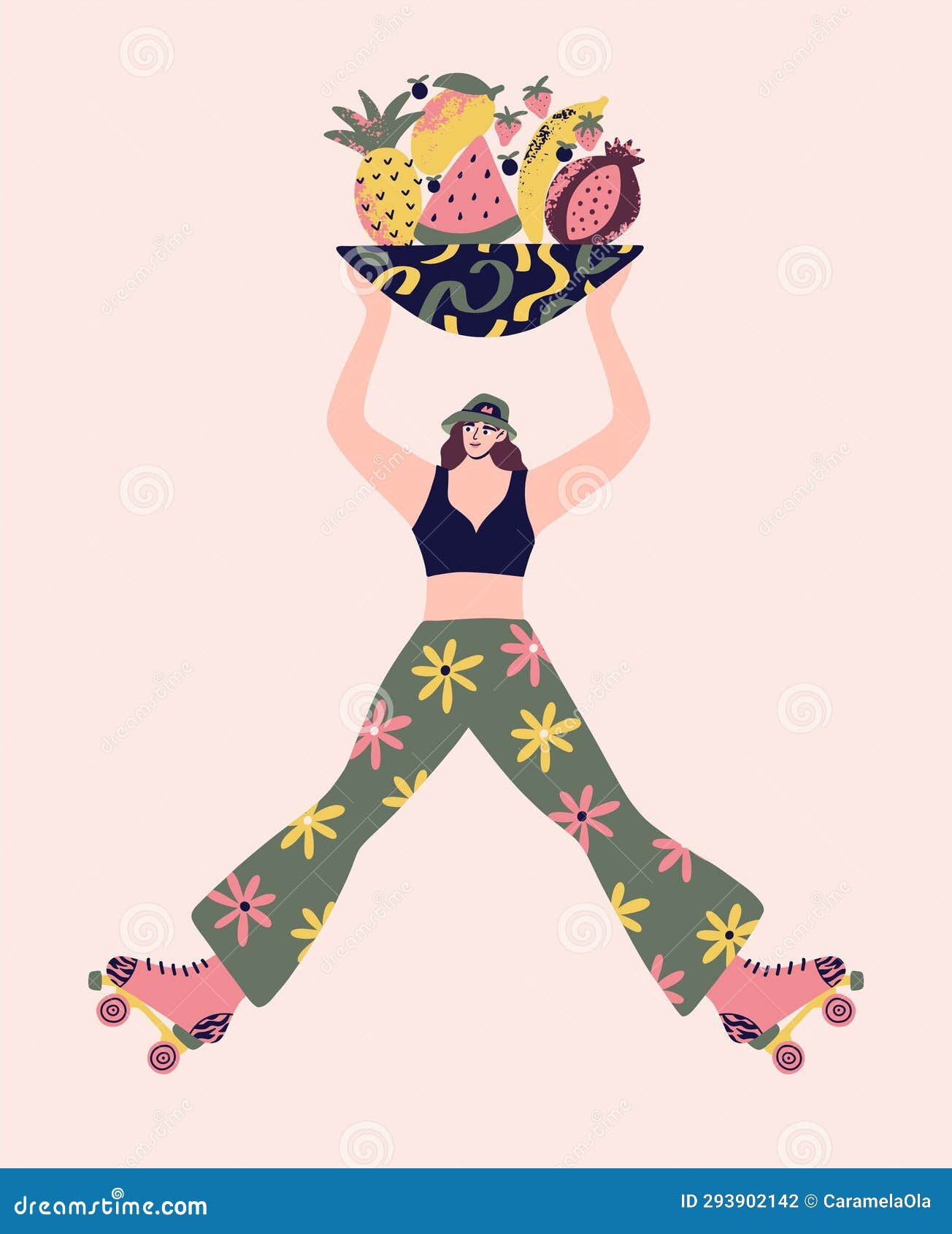 Roller Skating Girl in Chamomile Print Flare Pants. Funny Cartoon