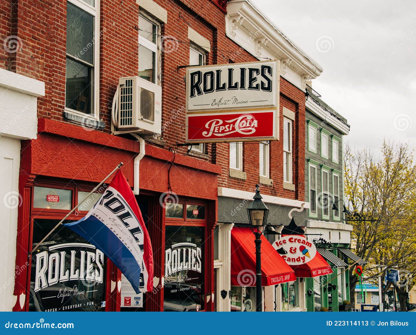 Rollies Sign in Downtown Belfast, Maine Editorial Stock Photo Image